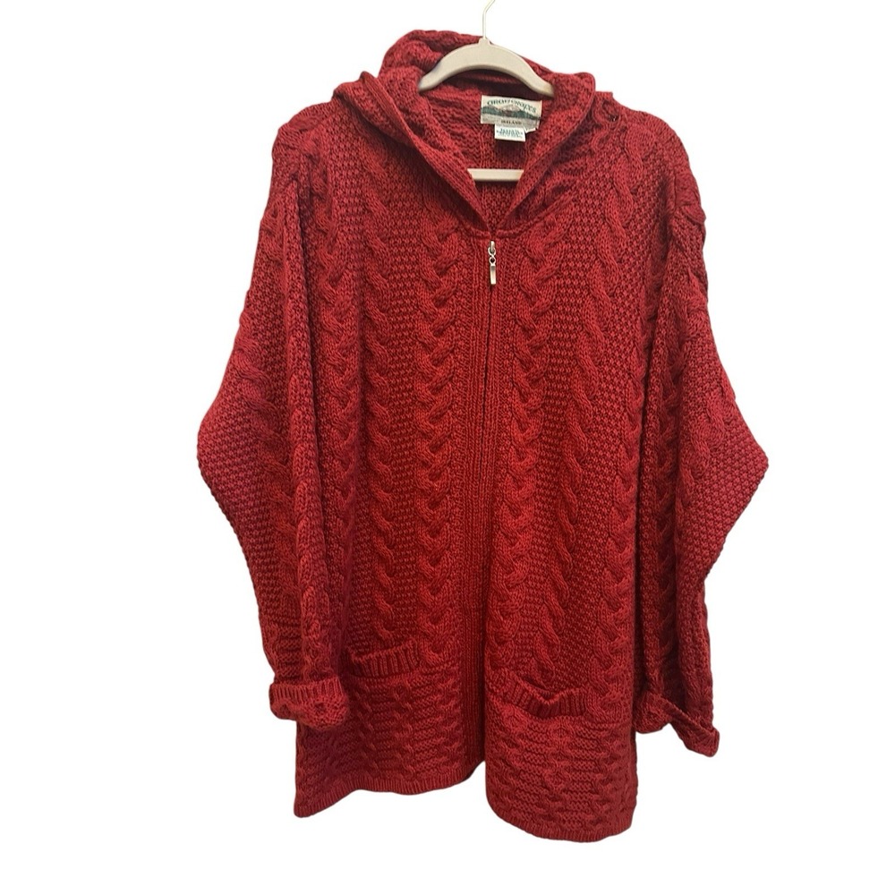 Aran Crafts Zip Sweater 100% Merino Wool Ireland Cable Knit Hooded Red Sz XXL